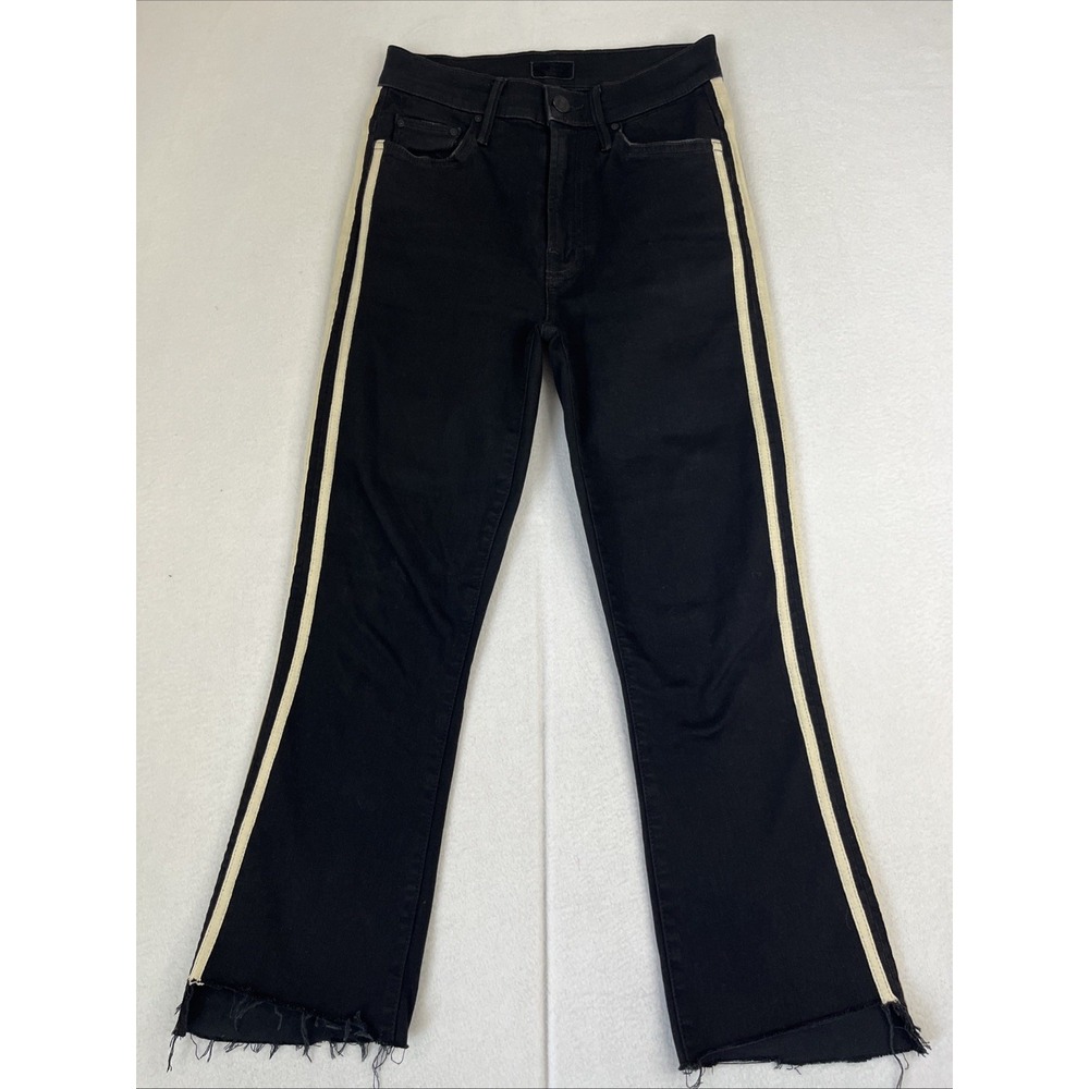 MOTHER Insider Crop Step Fray Jeans Womens 24 Guilty Racer Black White Stripe